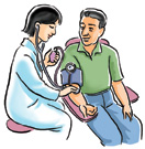 Image of a woman taking a man's blood pressure using a manual blood pressure cuff.