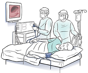 Médico e técnico realizando colonoscopia em paciente deitado de lado.